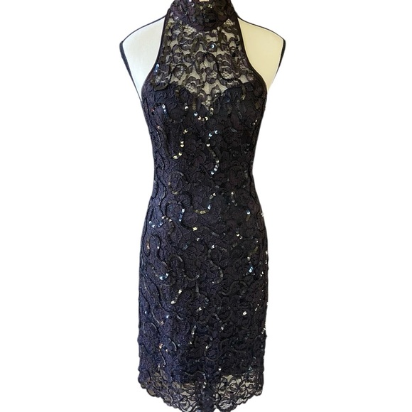 Lillie Rubin Vintage Black Lace Halter Dress Size 6 Black Sequins Cocktail Dance - Picture 3 of 16